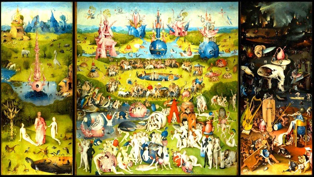 Jérôme Bosch, Le Jardin des délices, vers 1500|Huile sur bois • 200 × 195 cm pour le panneau central, 220 × 97 cm pour les panneaux latéraux • Coll. musée du Prado, Madrid