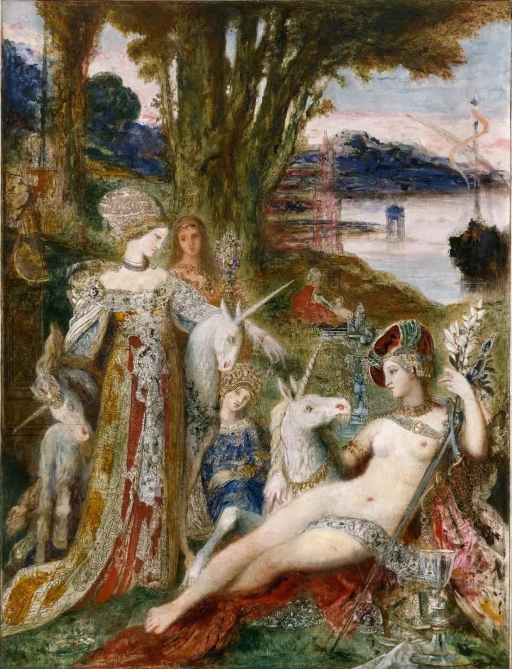 Les Licornes,  peinture 'médiéval fantastique'|    toile peinte vers 1880 par Gustave Moreau, de 1,15 m de haut sur 0,90 m de large, s'inspire librement de l'ensemble de tapisseries connu sous le nom de La Dame à la licorne, elles-mêmes conservées au musée de Cluny.